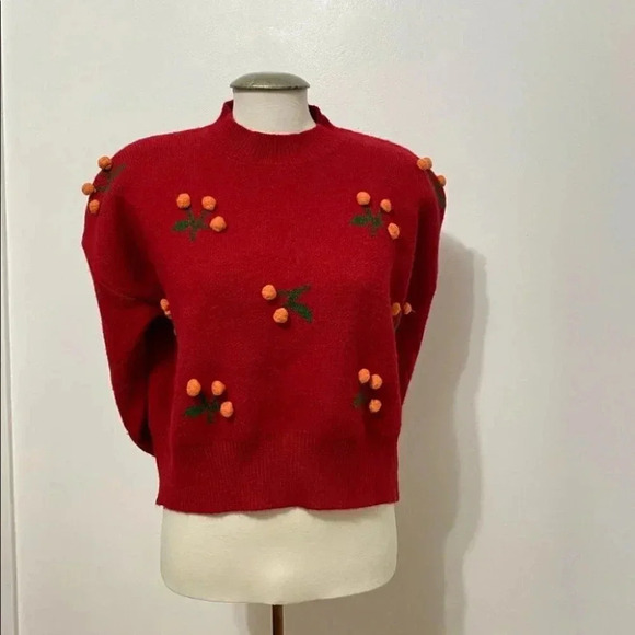 Source Unknown - Novelty Cherry Embroidered Soft Burgundy Red Cropped Sweater - Picture 2 of 8